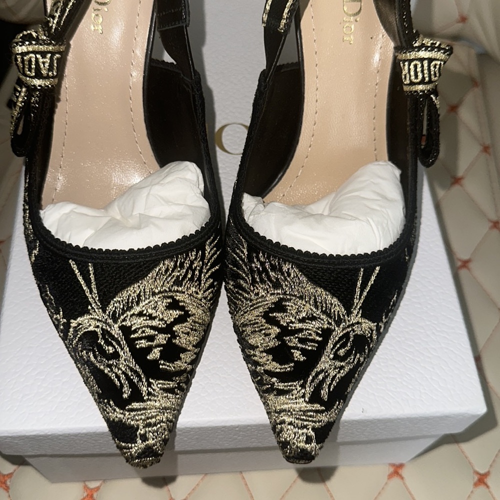 Lurex Ribbon Embroidered J'Adior Slingback 100mm Pumps 37 Black Gold - Picture 6 of 8